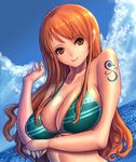  1girl bikini_top breasts brown_eyes cleavage cloud large_breasts long_hair nami nami_(one_piece) ocean one_piece orange_hair outdoors sabaody_archipelago sky smile solo tattoo water yumiyokiak 