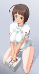  1girl ahoge bob_cut breasts brown_hair green_eyes harada_makoto kneeling large_breasts legs looking_at_viewer medic msda name_tag smile solo thighs uchuu_senkan_yamato uchuu_senkan_yamato_2199 