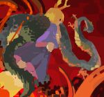  1girl antlers blonde_hair blue_skirt crossed_arms dragon dragon_girl dragon_tail highres kaigen_1025 kicchou_yachie looking_back molten_rock no_lineart pleated_skirt purple_shirt red_eyes shirt short_hair skirt tail touhou turtle_shell 