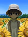  1boy absurdres blue_background blue_sky brown_hair day field flower flower_field freckles hat highres mountain original outdoors shirt sky solo sunflower sunflower_field tree ueotto upper_body white_shirt yellow_flower 