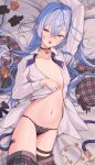  1girl absurdres arm_up ascot bed_sheet belt black_choker blue_ascot blue_belt blue_eyes blue_hair bow bowtie breasts choker clothes_pull collarbone covered_nipples crossed_bangs crown gloves groin hair_between_eyes hair_down highres hololive hoshimachi_suisei hoshimachi_suisei_(1st_costume) long_hair looking_at_viewer lying mini_crown miniskirt navel on_back open_clothes open_mouth open_shirt panties plaid plaid_panties plaid_skirt shirt single_thighhigh skirt skirt_pull small_breasts solo star_(symbol) star_choker star_in_eye stomach symbol_in_eye thigh_strap thighhighs underwear unworn_ascot unworn_belt unworn_bowtie unworn_gloves unworn_headwear very_long_hair wavy_hair white_shirt yozora_(1wkdgusdn) 