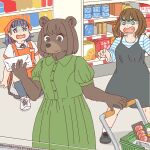 bear clothed clothing ekaki510 female groceries grocery_shopping group human kemono mammal scared shopping_cart trio