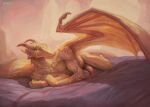 anthro dragon erection genitals hi_res horn klongi lying male membrane_(anatomy) membranous_wings nude on_side painting_(artwork) penis scales scalie solo speedpaint spikes tan_body tan_scales traditional_media_(artwork) wings