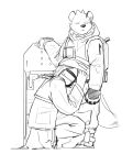 2023 absurd_res anthro arknights clothed clothing doctor_(arknights) duo ear_piercing eyebrow_piercing facial_piercing fur hi_res human hyena hypergryph looking_away male male/male mammal mask niwan piercing riot_shield shirt sketch spot_(arknights) spotted_hyena studio_montagne topwear touching_stomach