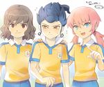  blue_eyes blue_hair blush brown_eyes brown_hair inazuma_eleven_(series) inazuma_eleven_go kirino_ranmaru lightning_bolt male_focus mizuhara_aki multiple_boys open_mouth orange_eyes pink_hair raimon raimon_soccer_uniform shindou_takuto soccer_uniform sportswear tsurugi_kyousuke twintails 