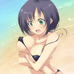  beach bikini black_bikini black_hair blush breast_hold breasts cleavage green_eyes ichikawa_noa large_breasts open_mouth original short_hair solo swimsuit wardrobe_malfunction 