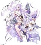  1girl bare_shoulders bouquet bow breasts choker cleavage dress flower full_body green_eyes hair_flower hair_ornament high_heels holding holding_bouquet iron_saga long_hair official_alternate_costume official_art purple_hair rhea_(iron_saga) smile solo thigh_strap third-party_source transparent_background veil wedding_dress 