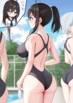  3girls absurdres ass bare_arms bare_shoulders black_one-piece_swimsuit blue_eyes blush breasts chain-link_fence day fence from_behind hair_between_eyes highres holding large_breasts looking_at_viewer medium_hair multiple_girls nagi_aoi one-piece_swimsuit original outdoors ponytail pool school_uniform serafuku shirt short_hair swim_cap swimsuit thighs unworn_swim_cap white_hair white_shirt 