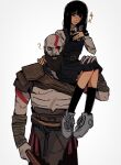  1boy 1girl 31ulkubo ? armor bald beard chainsaw_man cross_scar crossover facial_hair god_of_war highres kratos pale_skin scar school_uniform shoulder_armor simple_background sitting_on_shoulder smile trait_connection wrist_wrap yoru_(chainsaw_man) 