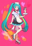  1girl alternate_costume aqua_hair full_body hatsune_miku heart highres holding holding_tray inline_skates long_hair looking_at_viewer maid mikmix ribbon roller_skates shirt skates skirt smoothie spring_onion tray twintails very_long_hair vocaloid 
