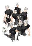  1boy animalization back belt black_belt black_footwear black_pants black_shirt blue_eyes cat gojou_satoru highres jujutsu_kaisen looking_at_viewer male_focus muscular muscular_male pants satsuki_g shirt short_hair short_sleeves sitting skin_tight solo standing sunglasses tongue upper_body white_background white_hair 