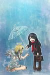  :d ^_^ angel angel_wings barefoot black_hair blonde_hair closed_eyes dirty dirty_feet feathers giving halo higurashi_aki holding holding_umbrella long_hair multiple_girls open_mouth original rain scarf short_hair sitting smile transparent transparent_umbrella umbrella wariza wings 