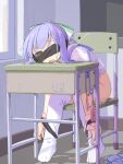  1girl after_rape black_blindfold blindfold bottomless brown_eyes chair classroom cum cumdrip desk egg_vibrator hassai highres indoors open_mouth original purple_hair restrained school_chair school_desk sex_toy sitting solo thighhighs vibrator white_thighhighs 