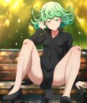 1girl absurdres black_dress breasts cameltoe commentary_request commission covered_navel covered_nipples dress english_commentary frown green_eyes green_hair hand_in_own_hair highres lady_fantasma one-punch_man paid_reward_available shoes short_eyebrows small_breasts solo spread_legs tatsumaki v-shaped_eyebrows 