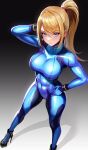  1girl abs arm_up blonde_hair blue_bodysuit blue_eyes bodysuit breasts closed_mouth expressionless foot_out_of_frame from_above gradient_background hand_on_own_hip high_heels high_ponytail highres large_breasts long_hair looking_at_viewer metroid samus_aran skin_tight solo volyz zero_suit 