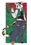 anthro belt biped bottomwear calico_cat clothed clothing domestic_cat eyebrows felid feline felis fingers green_eyes hair hi_res kimura_(munkeesgomu) male mammal munkeesgomu pants solo tail torn_bottomwear torn_clothing torn_pants white_hair