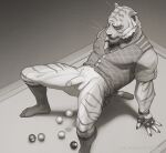 2023 all_fours anal_juice anthro ball balls billiard_ball billiard_ball_in_ass billiard_table biped bodily_fluids claws clothing digital_media_(artwork) epic_games erection eyes_closed felid finger_claws fingerless_gloves footwear fortnite fur furniture genital_fluids genitals gloves greyscale handwear hi_res humanoid_genitalia humanoid_penis male mammal monochrome oscar_(fortnite) pantherine penis pngx_(artist) precum socks solo striped_body striped_fur stripes table tiger topwear vest whiskers