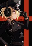  1girl absurdres adjusting_clothes adjusting_headwear belt black_background blonde_hair brown_gloves cross epaulettes gloves grin hand_on_own_hip hat headphones highres iron_cross jiseki_rena military_uniform nazi necktie original peaked_cap profile red_background red_eyes reichsadler rena_(jiseki_rena) short_hair smile solo throat_microphone totenkopf tsurime two-tone_background uniform white_background 