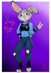 anthro black_body black_fur blush clothed clothing disney female fur gesture grey_body grey_fur judy_hopps looking_at_viewer marcus_poorner multicolored_ears one_ear_up police police_badge police_officer police_uniform purple_background purple_eyes scut_tail shirt short_tail simple_background smile solo tail text topwear uniform v_sign zootopia