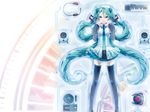  aqua_eyes aqua_hair boots detached_sleeves gradient_hair hatsune_miku hatsune_miku_(vocaloid3) headphones headphones_removed headset highres instrument ixima keyboard_(instrument) long_hair miniskirt multicolored_hair necktie phonograph skirt solo speaker thigh_boots thighhighs turntable twintails vocaloid zettai_ryouiki 