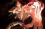  black_background blood bone christa_renz claws emblem fingernails glowing hair_between_eyes holding knife long_fingernails looking_back multiple_girls paradis_military_uniform radiostarkiller shingeki_no_kyojin spoilers survey_corps_(emblem) transformation ymir_(shingeki_no_kyojin) 