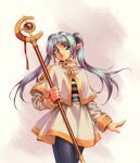  1990s_(style) 1girl black_pantyhose blue_hair capelet coat cowboy_shot earrings elf frieren highres holding holding_staff jewelry long_hair longmei_er_de_tuzi looking_to_the_side mage_staff pantyhose pointy_ears retro_artstyle solo sousou_no_frieren staff twintails white_capelet white_coat 