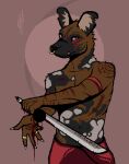african_wild_dog anthro blood bodily_fluids bodypaint bottomwear broken_sword canid canine clothing dismemberment face_paint facial_piercing fiskyfisko hi_res male mammal nose_piercing nose_ring piercing ring ring_piercing sang:_the_desert_blade skirt solo wounded