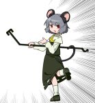  1girl animal_ears capelet commentary_request cookie_(touhou) dowsing_rod full_body grey_footwear grey_hair grey_skirt grey_vest highres kakusou long_sleeves looking_at_viewer looking_to_the_side medium_bangs mouse_ears mouse_girl mouse_tail nazrin nyon_(cookie) open_mouth red_eyes shirt shoes short_hair simple_background skirt skirt_set smile socks solo standing standing_on_one_leg tail touhou vest white_background white_capelet white_shirt white_socks 