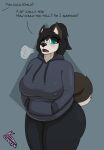anthro blush breath_cloud canid canine canis cold covered_nipples dialogue domestic_dog female hi_res husky kayla_(lonnyk) lonnyk mammal nipple_outline nordic_sled_dog slightly_chubby solo spitz sweatshirt unaware_tease