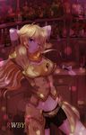  alcohol arms_behind_head bad_id bad_pixiv_id blonde_hair bottle breasts cleavage copyright_name highres long_hair medium_breasts navel one_eye_closed purple_eyes rwby scarf shorts solo vest white_crow yang_xiao_long 