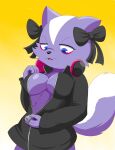 2023 accessory aggretsuko anthro big_breasts blue_eyes bow_accessory bow_ribbon breasts clothing electronics female fur hair hair_accessory hair_bow hair_ribbon half-closed_eyes headphones hi_res jacket jacket_only looking_down mammal markings mephitid narrowed_eyes open_mouth purple_body purple_fur purple_hair ribbons sanrio shikabane_(aggretsuko) skunk solo striped_body striped_fur striped_markings striped_tail stripes tail tail_markings topwear unzipping white_body white_fur white_hair zebra10045