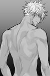  1boy back from_behind gojou_satoru greyscale jujutsu_kaisen looking_at_viewer male_focus monochrome muscular muscular_male satsuki_g short_hair solo undercut upper_body 