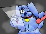 anthro big_breasts blue_body blue_fur bluedogress breasts canid canine canis chubby_belly chubby_female collar domestic_dog drawing female fluffy fur hi_res jerking_off_hand_motion mammal masturbation overweight pawpads paws screen solo thighhighpaws tongue tongue_out