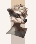 absurd_res anthro badger brown_eyes bust_portrait eyelashes female fur grey_body grey_fur hair hi_res leaf leaf_in_hair looking_at_viewer mammal marie_merkh mouth_closed mustelid musteline portrait short_hair simple_background solo white_body white_fur white_hair