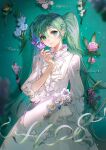  1girl absurdres aqua_background arm_behind_back blue_flower blurry bow braid brooch bud chromatic_aberration closed_mouth collared_dress commentary depth_of_field dot_nose dress earrings eyelashes fabric fingernails flos_(vocaloid) flower frilled_ribbon frilled_sleeves frills gem green_brooch green_eyes green_gemstone green_hair green_nails hair_between_eyes hand_up happy hatsune_miku head_tilt high_collar highres holding holding_flower jewelry leaf light_blush light_particles long_eyelashes long_hair long_sleeves looking_at_viewer neck_ribbon pink_flower puffy_long_sleeves puffy_sleeves purple_flower ribbon rumoon shadow sidelighting sidelocks simple_background smile solo song_name swept_bangs tareme text_focus twintails very_long_hair vocaloid waist_bow wavy_hair white_dress white_flower white_ribbon wide_sleeves yellow_flower 