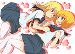  1girl armin_arlert blonde_hair blue_eyes blush christa_renz crossdressing long_hair marimo_danshaku open_mouth pleated_skirt school_uniform serafuku shingeki_no_kyojin skirt smile thighhighs zettai_ryouiki 