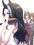  3girls animal_ears bare_shoulders black_hair blush brown_hair brushing_hair commentary_request hair_between_eyes hair_down highres horse_ears horse_girl long_hair long_sleeves mejiro_ramonu_(umamusume) multicolored_hair multiple_girls nakayama_festa_(umamusume) omotil pajamas parted_lips purple_eyes red_eyes red_pajamas simple_background sirius_symboli_(umamusume) streaked_hair sweat towel towel_around_neck umamusume v white_background white_hair 