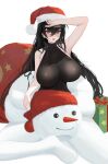  1girl absurdres arm_up azur_lane black_hair blush bodystocking box breasts covered_collarbone crossed_bangs fur-trimmed_headwear fur_trim gift gift_box hand_to_forehead hat highres huge_breasts large_breasts long_hair looking_at_viewer open_mouth red_eyes red_headwear red_nails sack santa_hat sitting sleeveless sleeveless_turtleneck snowman_costume solo taihou_(azur_lane) turtleneck user_vzzn2855 very_long_hair white_background 