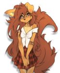 2023 absurd_res anthro apogee_(tinygaypirate) arm_tattoo bottomwear breasts brown_eyes brown_hair canid canine canis clothed clothing countershade_torso countershading domestic_dog ear_piercing female fully_clothed fur hair hi_res inner_ear_fluff leg_tattoo long_hair long_tail looking_at_viewer mammal neck_tattoo one_ear_up piercing shirt simple_background skirt small_breasts smile solo tail tan_body tan_fur tattoo thigh_tattoo tinygaypirate topwear tuft white_background