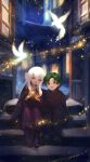  1boy 1girl aged_down bird christmas dress fire_emblem fire_emblem:_radiant_dawn green_hair grey_hair half_updo highres kwz_ini light_particles light_rays long_hair magic micaiah_(fire_emblem) night night_sky sitting sitting_on_stairs sky sothe_(fire_emblem) stairs yellow_eyes 