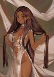  1girl brown_eyes brown_hair clothing_cutout dark-skinned_female dark_skin demi_(nashidrop) dress fabric flat_chest highres light_smile long_hair looking_at_viewer nashidrop navel navel_cutout original side_slit sketch solo standing very_long_hair white_dress 