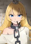 1girl blonde_hair blue_eyes brick_wall chain collar collarbone crown food food_in_mouth glint hair_between_eyes hime-sama_&quot;goumon&quot;_no_jikan_desu hime_(hime-sama_&quot;goumon&quot;_no_jikan_desu) long_hair looking_at_viewer metal_collar mini_crown paramisan parted_lips pocky pocky_day pocky_in_mouth shirt smile solo upper_body white_shirt 