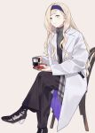  1girl aqua_eyes black_footwear blonde_hair blue_hairband boots chair coat crossed_legs cup hairband high_heel_boots high_heels highres holding holding_cup holding_saucer ichiroku_(sakumogu-029) kantai_collection long_hair long_sleeves looking_at_viewer mole mole_under_eye mug nail_polish official_alternate_costume open_clothes open_coat pants richelieu_(kancolle) saucer simple_background sitting solo sweater turtleneck turtleneck_sweater 