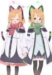  2girls aji_aji_nori animal_ear_headphones animal_ears black_thighhighs blonde_hair blue_archive blue_bow bow closed_eyes fake_animal_ears green_eyes green_halo green_scarf hair_bow halo headphones highres jacket long_sleeves looking_at_viewer midori_(blue_archive) momoi_(blue_archive) multiple_girls open_mouth pink_halo red_bow red_scarf scarf short_hair siblings simple_background sisters smile thighhighs twitter_username two-sided_fabric two-sided_jacket white_background white_jacket 