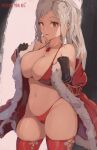  1girl artist_name bikini black_gloves breasts brown_eyes cameltoe english_commentary fire_emblem fire_emblem_awakening fur-trimmed_robe fur_trim gloves grey_hair groin highres jewelry large_breasts long_hair looking_at_viewer mirai_hikari navel necklace open_mouth patreon_username red_bikini red_robe red_thighhighs robe robin_(female)_(fire_emblem) robin_(fire_emblem) santa_bikini skindentation solo stomach swimsuit thighhighs thighs wavy_hair 