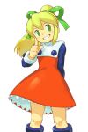  1girl blonde_hair blush boots dress green_eyes green_ribbon hair_ribbon high_ponytail kondoo long_hair long_sleeves looking_at_viewer mega_man_(classic) mega_man_(series) ponytail red_dress ribbon roll_(mega_man) simple_background smile solo white_background 