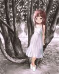  1girl arms_behind_back blunt_bangs blush crossed_legs dress forest full_body leaning_on_object long_hair looking_ahead nature original outdoors painting_(medium) red_eyes red_hair shoes sidelocks solo standing strap tamerai_zero traditional_media tree white_dress 
