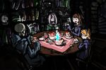  book bookshelf brown_hair cake dark death_(entity) deel_(rkeg) food highres indoors kagari_atsuko light little_witch_academia long_sleeves lotte_jansson md5_mismatch multiple_girls orange_hair shadow short_hair sitting skeleton skull sucy_manbavaran sweater table talking teapot 