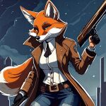 ai_generated belt bottomwear breasts canid canine canis clothing cloud coat dress_shirt dual_wielding female fox fur gun holding_object holding_weapon looking_at_viewer mammal night orange_body orange_fur ranged_weapon red_fox shirt shorts standing topwear weapon yellow_eyes