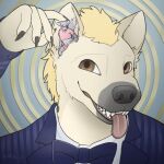 amarali_(artist) anthro blep bow_tie canid canine canis clothing duo ear_vore hi_res hyena male male/male mammal micro micro_macro suit tongue tongue_out vore wolf